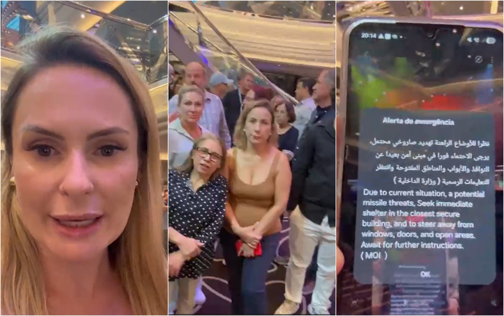 Mineira relata tensão e cobra resgate após alertas de mísseis em cruzeiro parado em Dubai: 'Estamos correndo risco de vida'