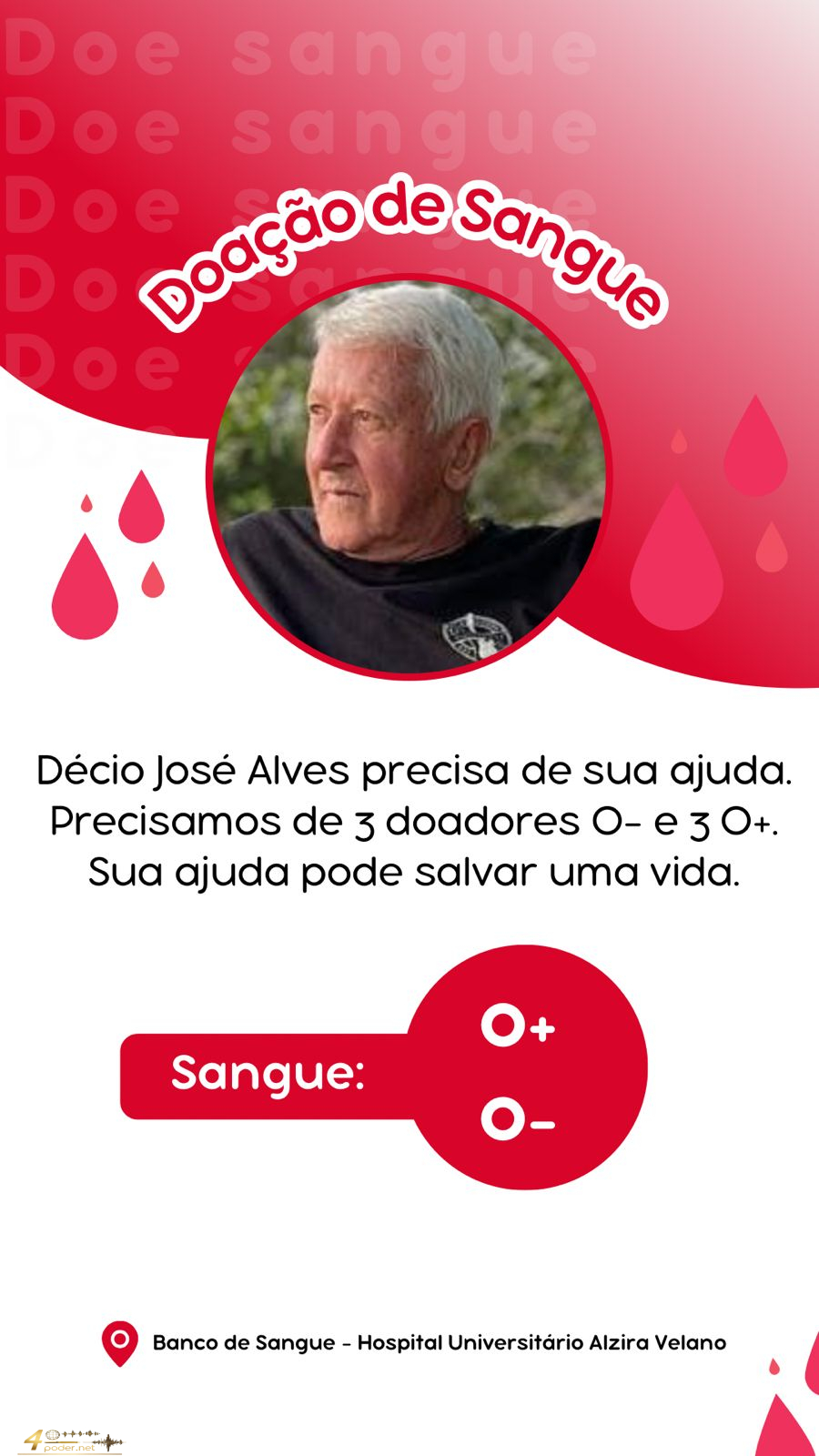 Apelo urgente mobiliza doadores de sangue para ajudar Décio José Alves em Alfenas
