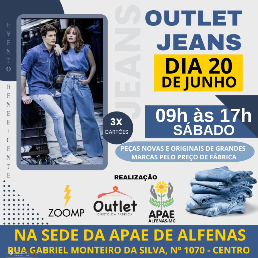 Outlet Jeans beneficente chega a Alfenas com descontos e apoio à APAE
