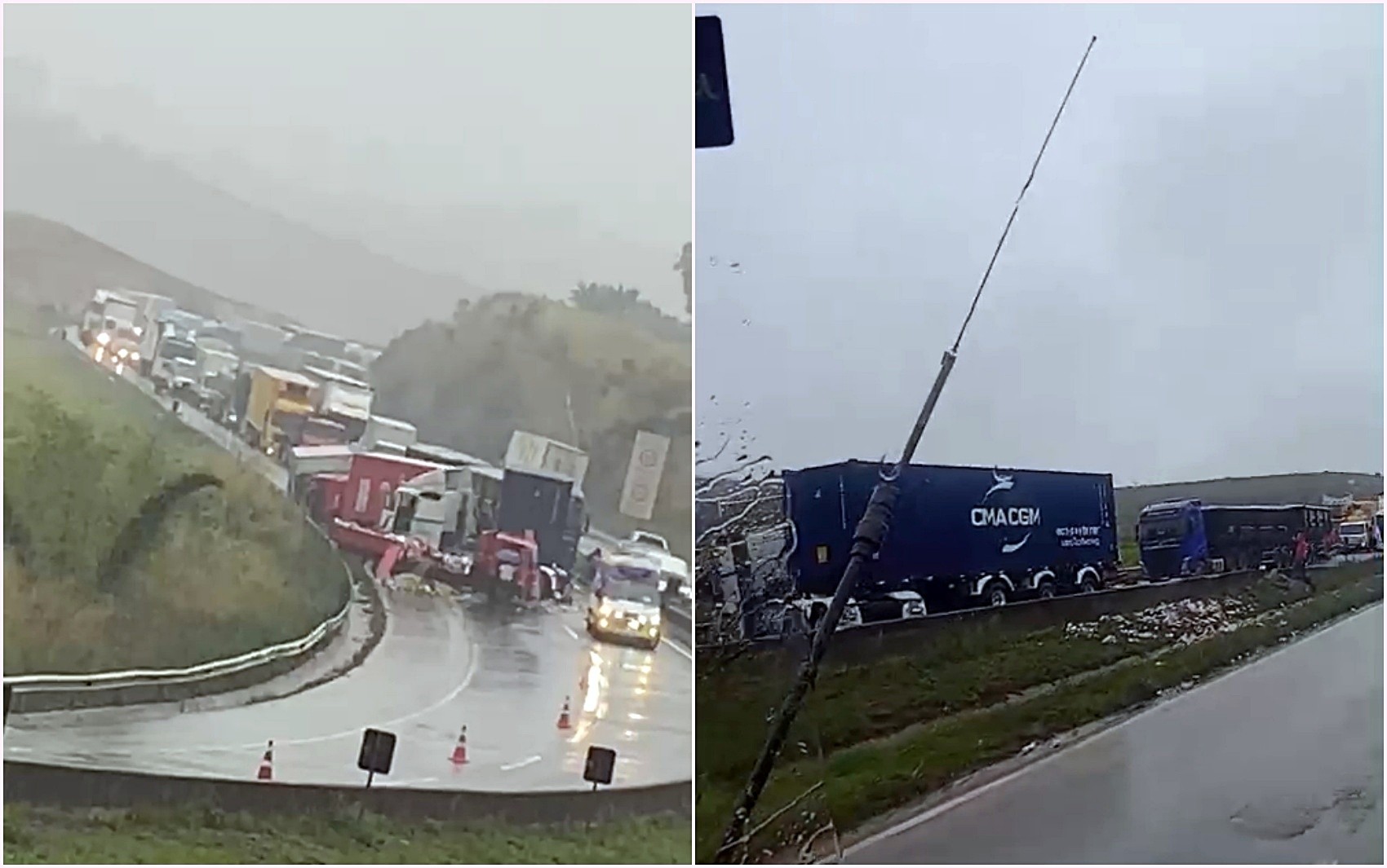 Engavetamento entre três caminhões e uma carreta congestiona a Fernão Dias, em MG