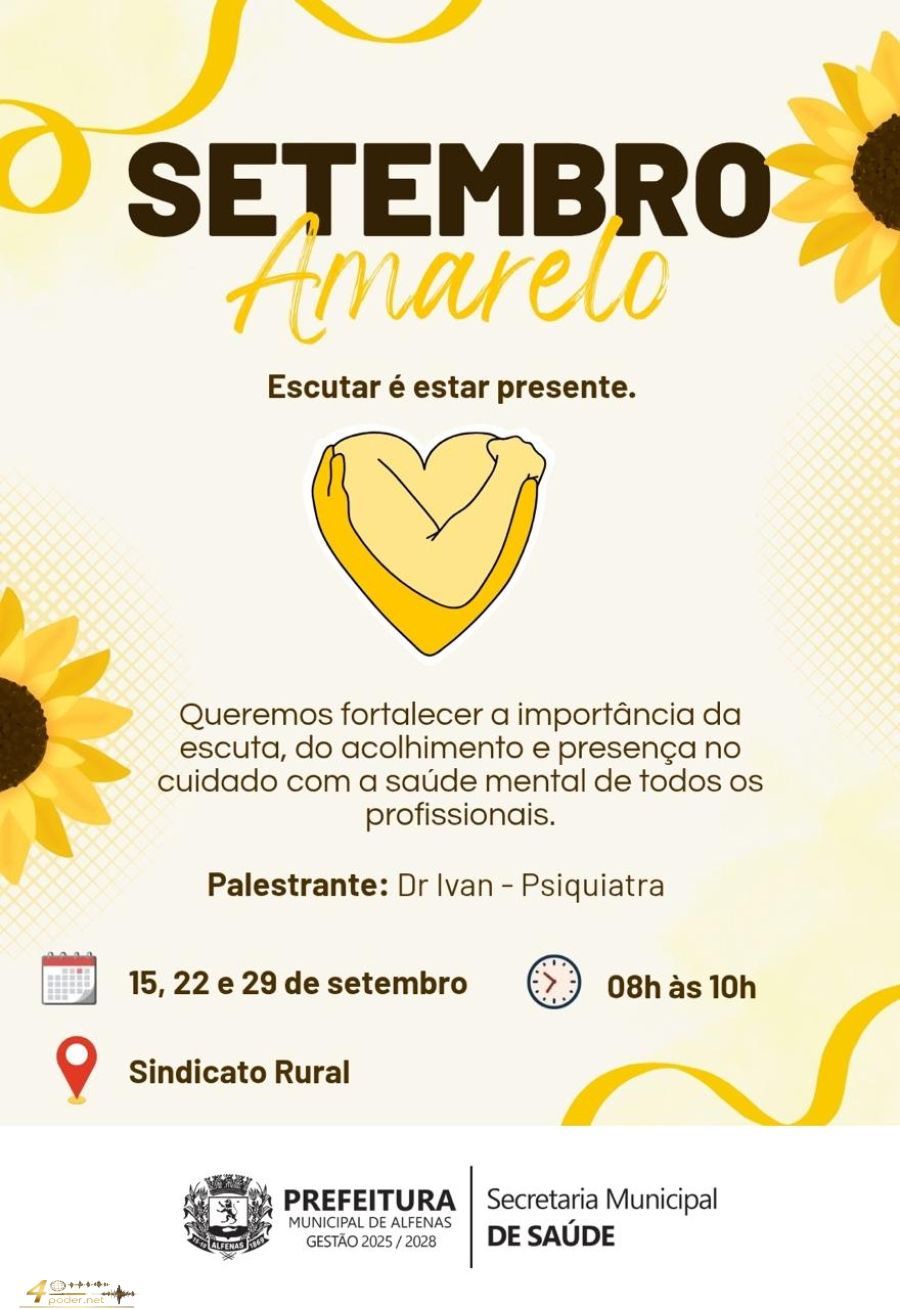 Setembro Amarelo terá encontros sobre saúde mental para profissionais em Alfenas
