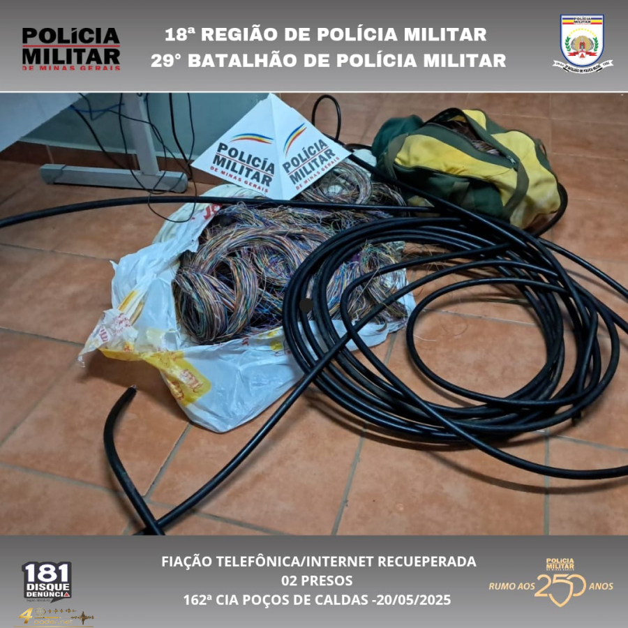 Polícia Militar prende dois autores de furto de fiação telefônica e recupera material em Poços de Caldas